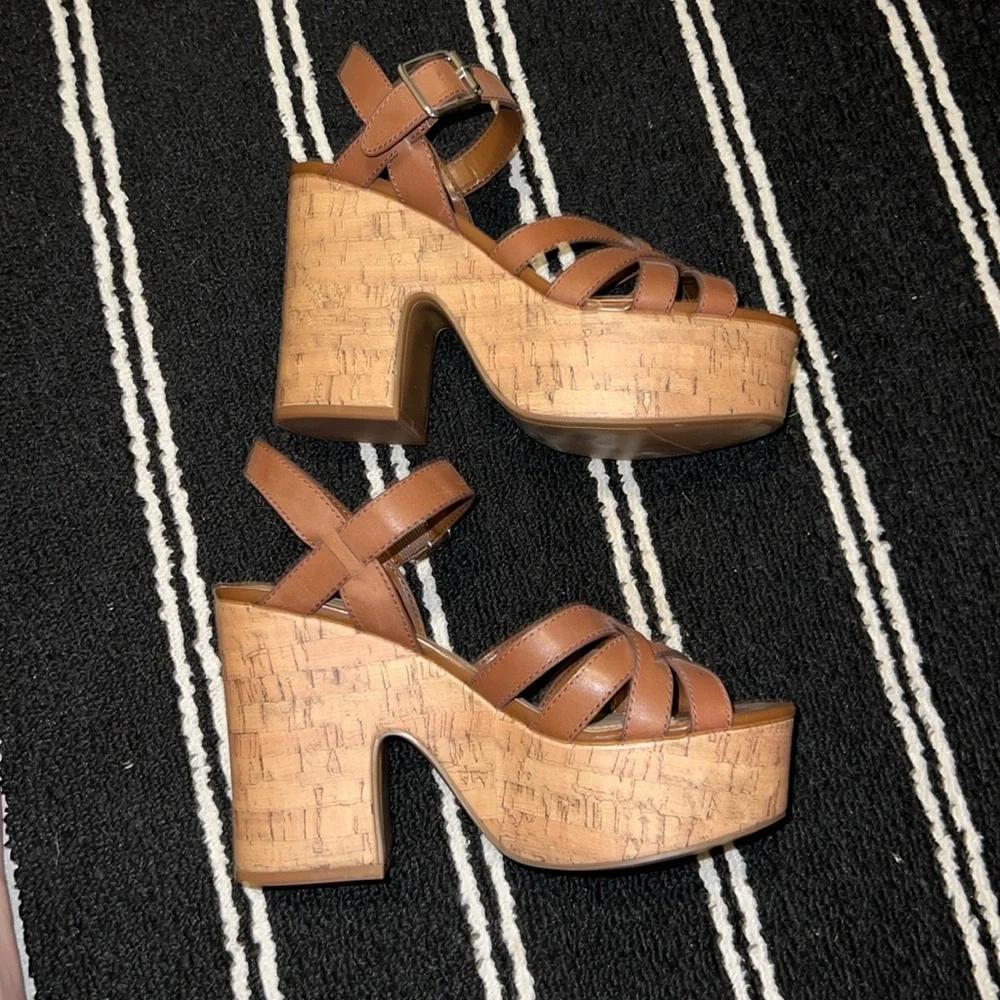 NINE WEST CHEERS Brown Leather Cork Platform Sandals